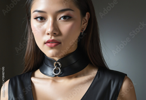 Young woman with collar in indoor setting