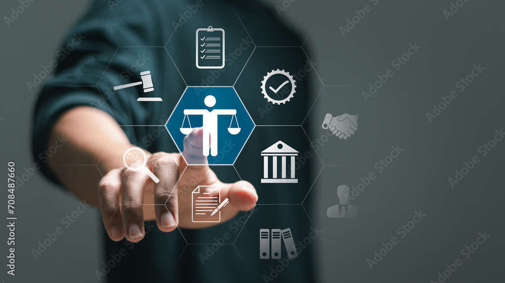 Legal advice business concept. Businessman touching virtual law icon for business legal advice, Labor law, Lawyer, Attorney at law. Legal advice business concept. Businessman touching virtual law icon for business legal advice, Labor law, Lawyer, Attorney at law.