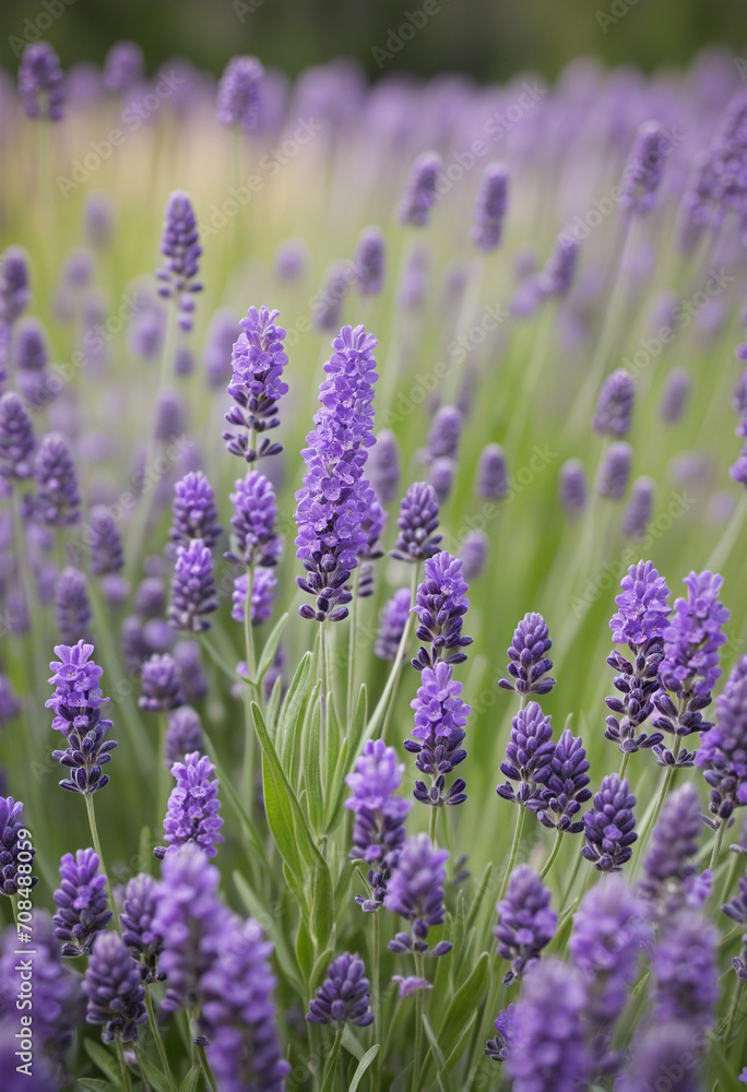 Blurred purple lavender flower in field with green bokeh background at sunset Blurred purple lavender flower in field with green bokeh background at sunset