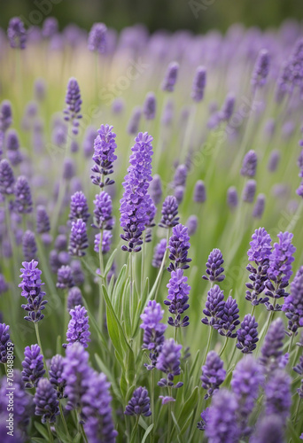 Blurred purple lavender flower in field with green bokeh background at sunset
