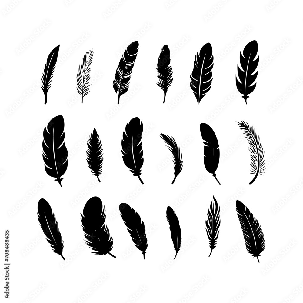Feather black silhouette. Hand drawing a sketch of feather icons Feather black silhouette. Hand drawing a sketch of feather icons