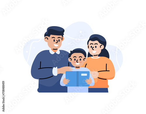 Family time. Illustration of parents accompanying their children to read books. Father and mother watched his son who was studying. husband, wife, and son. flat illustration design. graphic elements