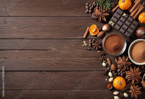 Delicious Chocolate, Cocoa, Nuts and Spices on Wood Surface, Top Down View