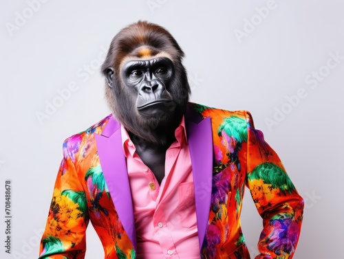 fashion photo. stylish gorilla posing in bright modern clothing and sunglasses in the studio photo