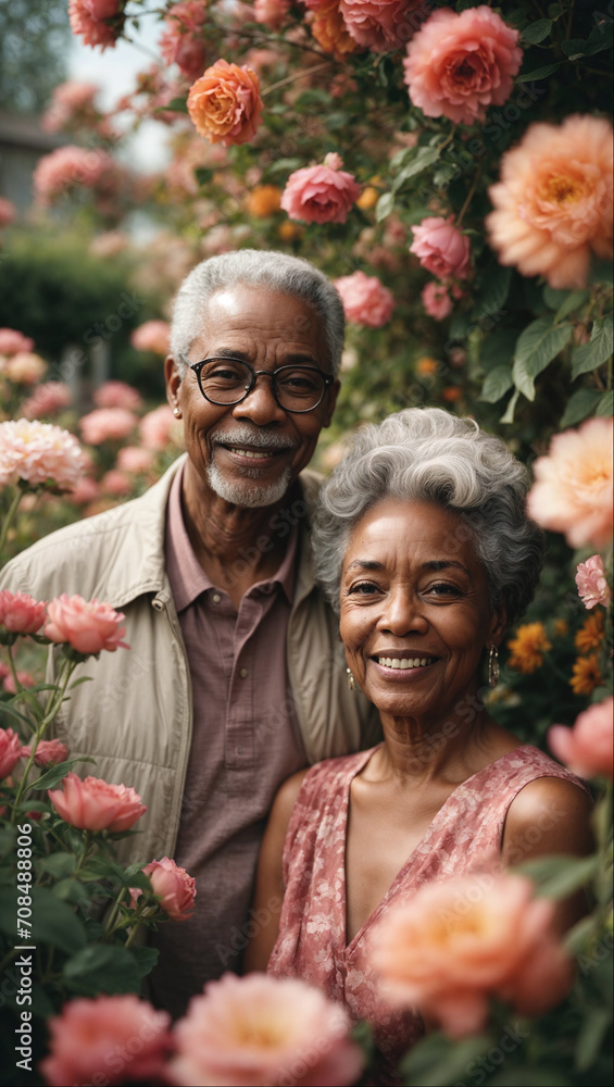 Romantic portrait of gorgeous elderly black couple in a flower garden. Highly detailed image