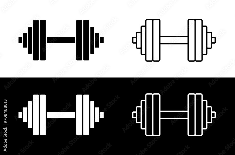 Dumbbell icons set. Symbol of strength or training. An attribute of sport, achievement, or athlete. Dumbbell icons set. Symbol of strength or training. An attribute of sport, achievement, or athlete.