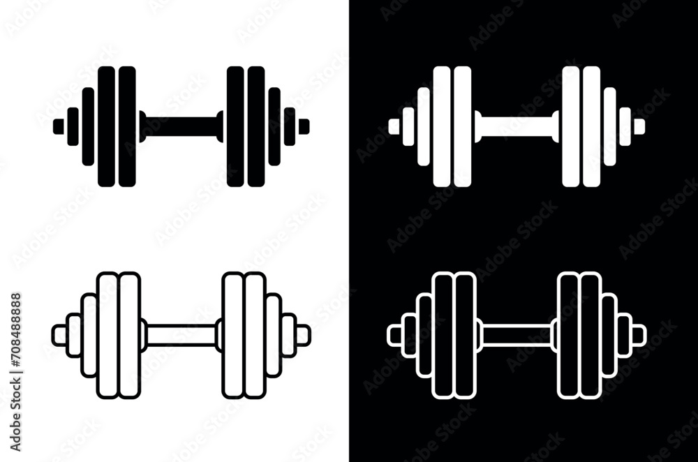 Dumbbell icons set. Symbol of strength or training. An attribute of sport, achievement, or athlete. Dumbbell icons set. Symbol of strength or training. An attribute of sport, achievement, or athlete.