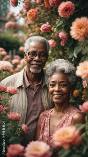 Romantic portrait of gorgeous elderly black couple in a flower garden. Highly detailed image © Rymden