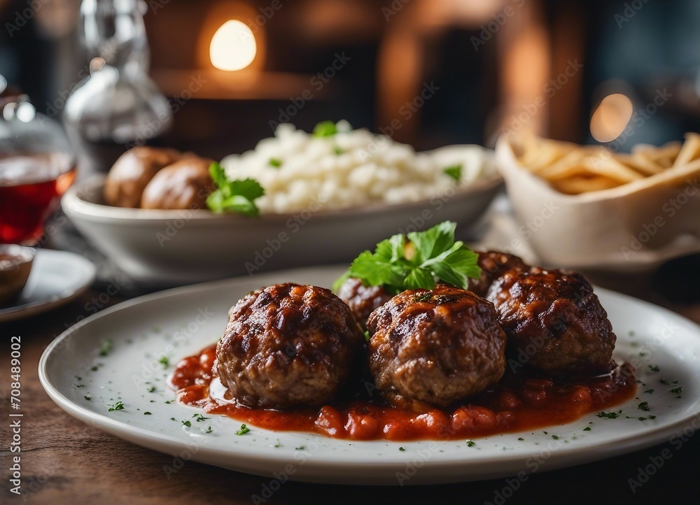 Kafta meatballs in tomato sauce with rice and vegetables