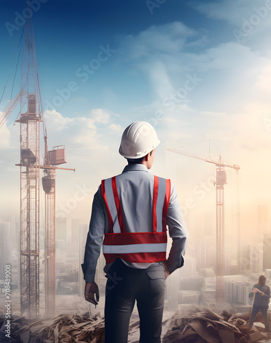 an engineer, architect or contractor wearing safety protection hard hat looking towards construction site