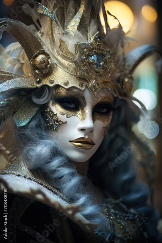 Closeup of a beautiful woman in an ornate Venice Carnival Mask
