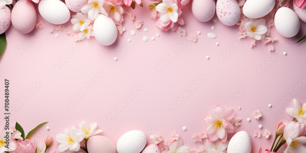 Border of Easter eggs with spring flowers and leaves. Top flat view with pastel pink and white colors background Border of Easter eggs with spring flowers and leaves. Top flat view with pastel pink and white colors background