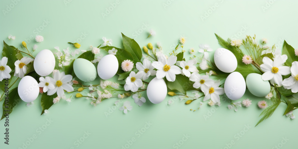 Border of Easter eggs with spring flowers and leaves. Top flat view with pastel green and white colors background Border of Easter eggs with spring flowers and leaves. Top flat view with pastel green and white colors background