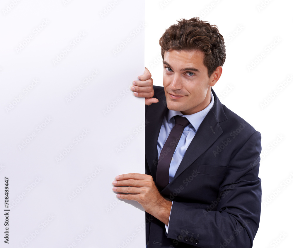 Banner, portrait and business man with mockup in studio for news, guide or advertising space on white background. Poster, face and male entrepreneur with recruitment presentation, checklist or offer Banner, portrait and business man with mockup in studio for news, guide or advertising space on white background. Poster, face and male entrepreneur with recruitment presentation, checklist or offer
