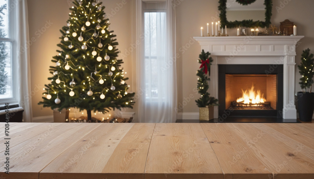 Cozy holiday scene with wood table, festive tree, and fireplace in background with space for text. Cozy holiday scene with wood table, festive tree, and fireplace in background with space for text.