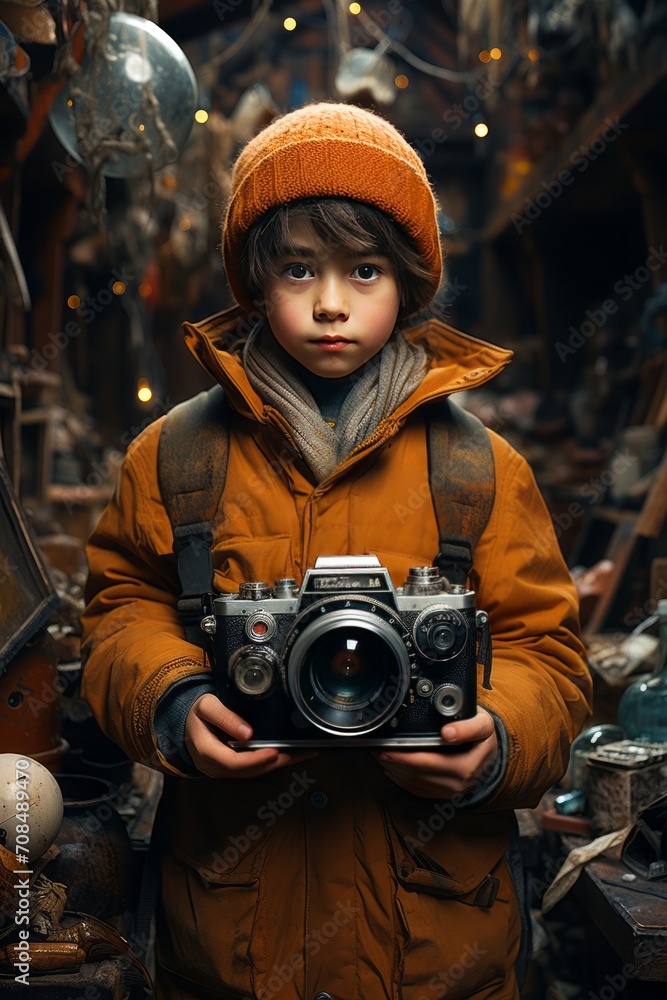 A boy with a camera in hand at a flea market generated AI A boy with a camera in hand at a flea market generated AI