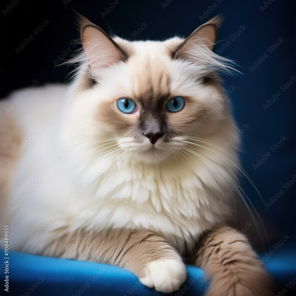 Beautiful Ragdoll cat. Fluffy beautiful white Ragdoll cat with blue eyes