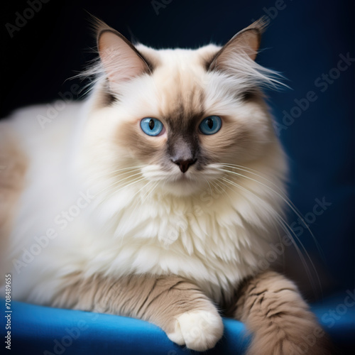 Beautiful Ragdoll cat. Fluffy beautiful white Ragdoll cat with blue eyes