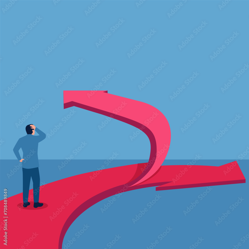 people see the arrow split into two opposing sides, a metaphor for business separation. Simple flat conceptual illustration.