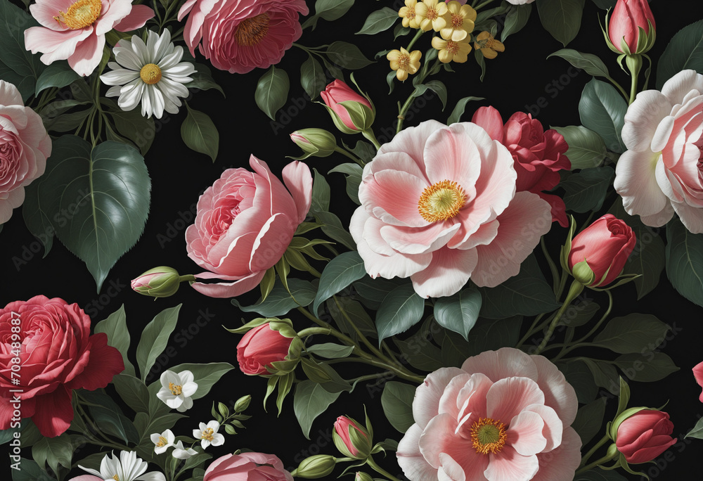 Antique posy of lovely blooms on dark backdrop. Flowered design. Classic ornate fashion. Organic motif wall print or notecard Antique posy of lovely blooms on dark backdrop. Flowered design. Classic ornate fashion. Organic motif wall print or notecard