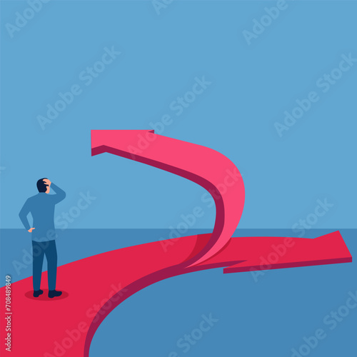 people see the arrow split into two opposing sides, a metaphor for business separation. Simple flat conceptual illustration.