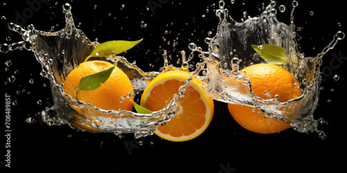 Oranges are being splashed with water on a black background