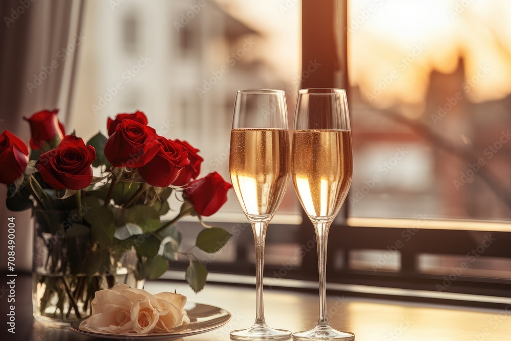 Romantic Rendezvous: Red Roses and Sparkling Wine Await a Toast to Love. Generative AI Romantic Rendezvous: Red Roses and Sparkling Wine Await a Toast to Love. Generative AI