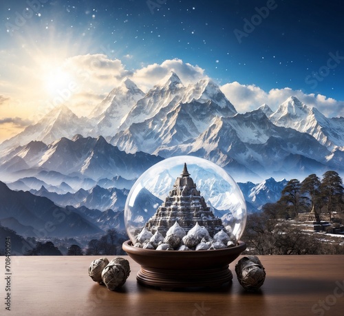 Snow globe with chorten towers on wooden table against snowy mountains