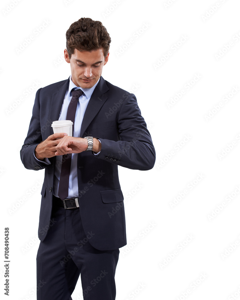 Confident, businessman and check time in studio and corporate professional for work schedule in mock up. Person, pride and manager with watch appointment and attorney with coffee by white background Confident, businessman and check time in studio and corporate professional for work schedule in mock up. Person, pride and manager with watch appointment and attorney with coffee by white background