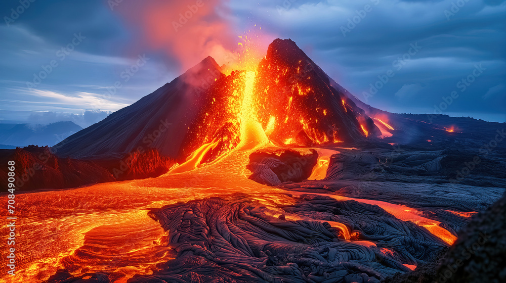 Volcanic eruption with lava flowing from the crater