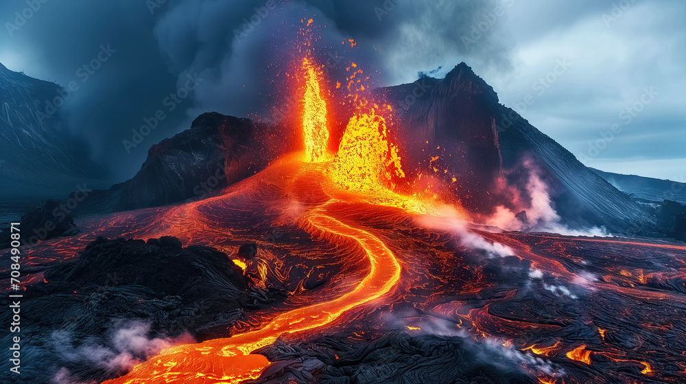 Volcanic eruption with lava flowing from the crater