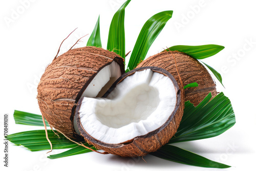 Coconut with leaves isolated on white background. Clipping path