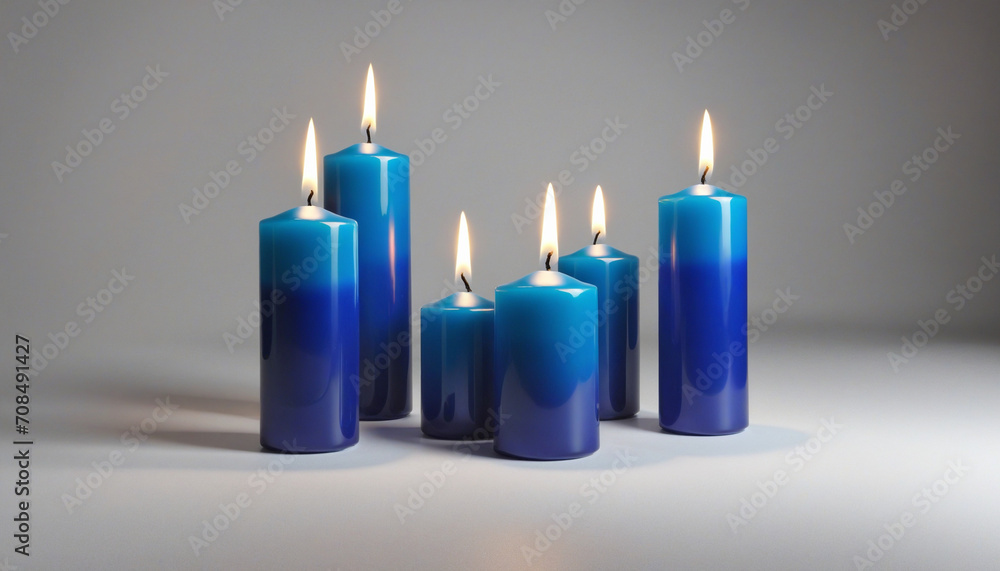Four Advent candles in a soft blue hue. Christmas is near; a season of anticipation and joy. The flickering flames create a warm, inviting glow, filling the room with hope. A banner with space for a m Four Advent candles in a soft blue hue. Christmas is near; a season of anticipation and joy. The flickering flames create a warm, inviting glow, filling the room with hope. A banner with space for a m