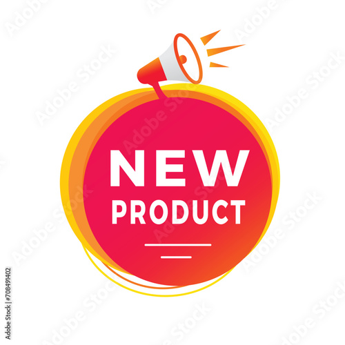 New product, banner, label icon megaphone. Design for announcement or advertising promotion. Flat vector sign.
