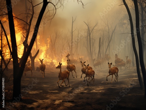 Animals Running Escaping To Save Their Lives from the burning forest. climate change  droughts and forest fires concept