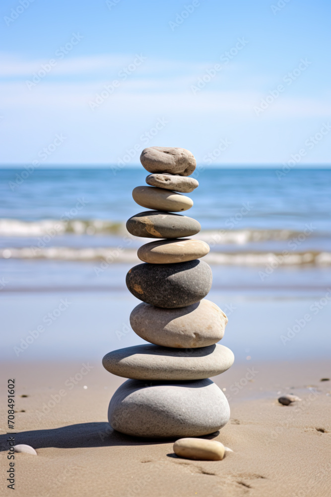 Stack of round smooth stones on a seashore. Mental health and meditation concept Stack of round smooth stones on a seashore. Mental health and meditation concept