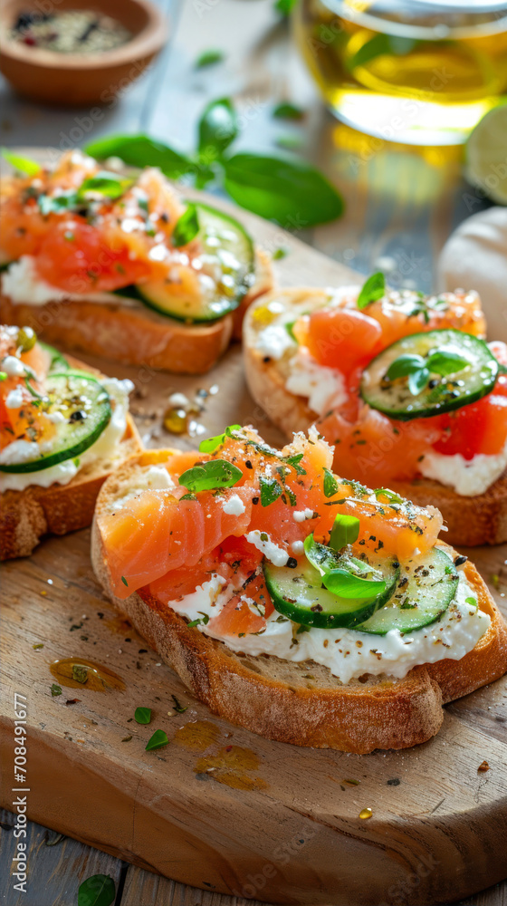 Bruschetta with smoked salmon, cucumber and cream cheese Bruschetta with smoked salmon, cucumber and cream cheese