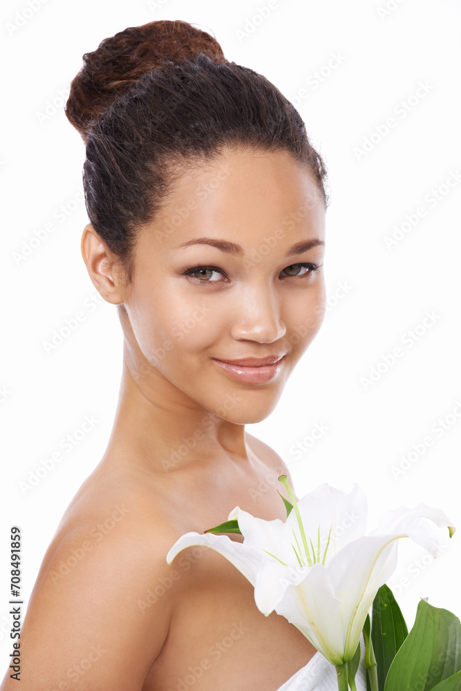 Woman, portrait and flower skincare or smiling, studio and happy with facial treatment by white background. Female person, face and wellness or cosmetics and dermatology, beauty and luxury or organic Woman, portrait and flower skincare or smiling, studio and happy with facial treatment by white background. Female person, face and wellness or cosmetics and dermatology, beauty and luxury or organic