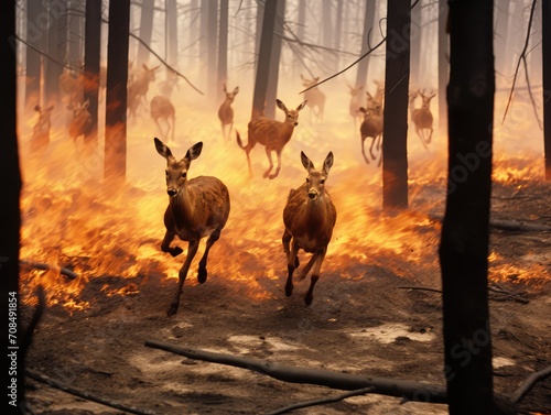 Animals Running Escaping To Save Their Lives from the burning forest. climate change  droughts and forest fires concept