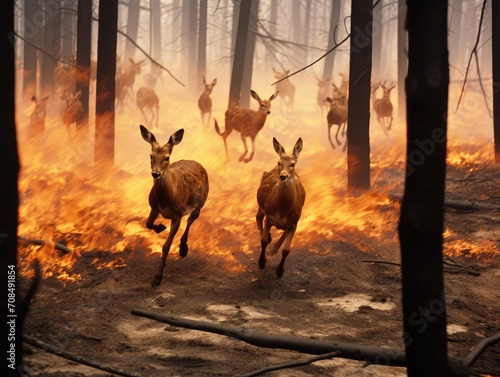 Animals Running Escaping To Save Their Lives from the burning forest. climate change, droughts and forest fires concept