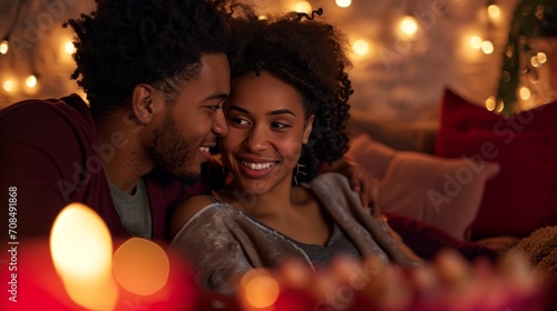 A close-up shot of a couple exchanging heartfelt glances while enjoying a romantic movie night  surrounded by plush cushions and dim lighting  the high-definition image capturing the essence of Valent