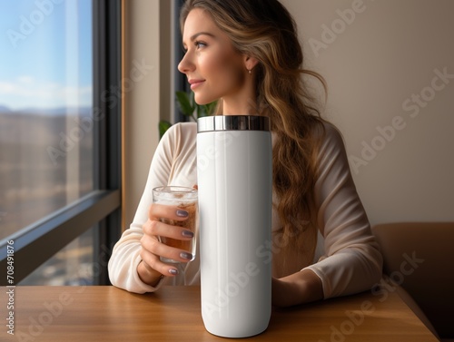 Young woman looking out the window while holding a glass and a thermos photo