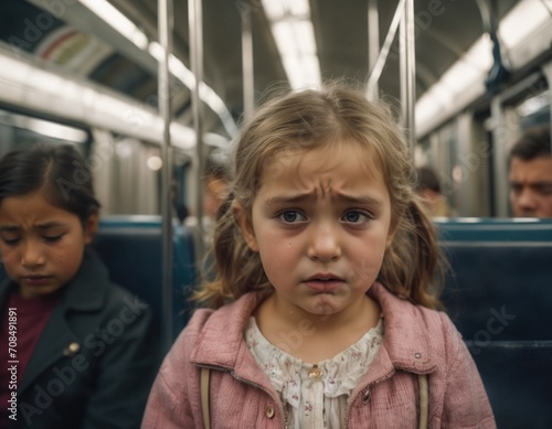 little girl crying on a subway train