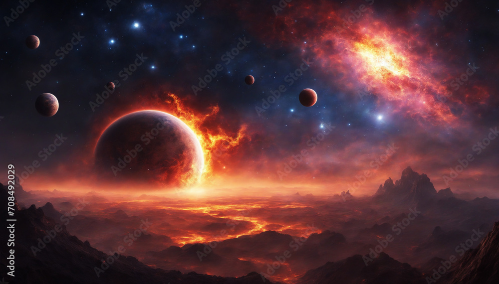 Fototapeta premium Fiery planet with asteroids and magical elements in digital art landscape