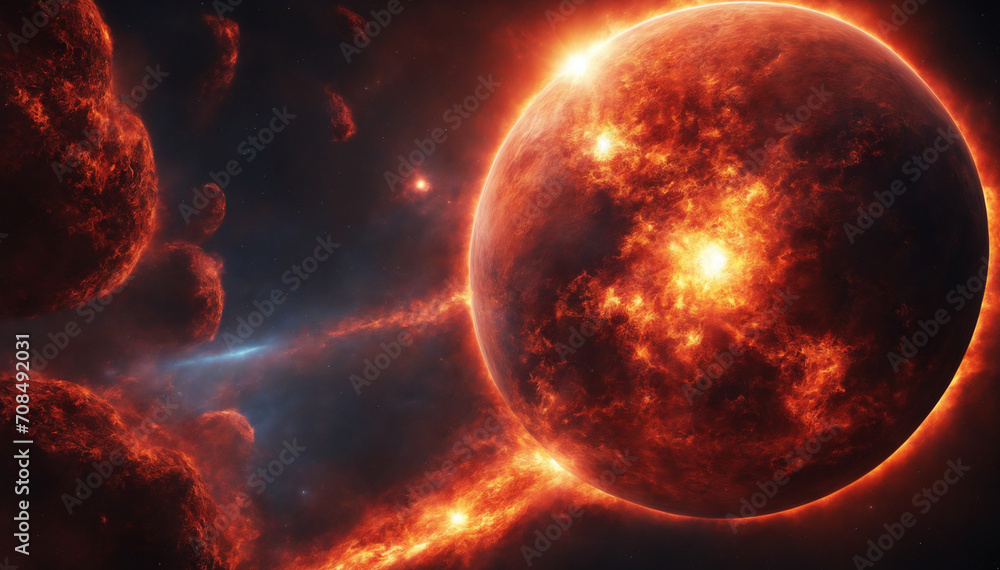 Explosive planet in space. Clash of planets in space. Blazing planet with smoke, 3D digital art. Explosive planet in space. Clash of planets in space. Blazing planet with smoke, 3D digital art.