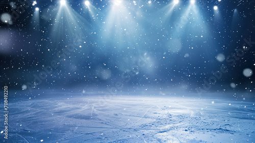 Snow and ice background. the spotlights reflect on an ice hockey goal