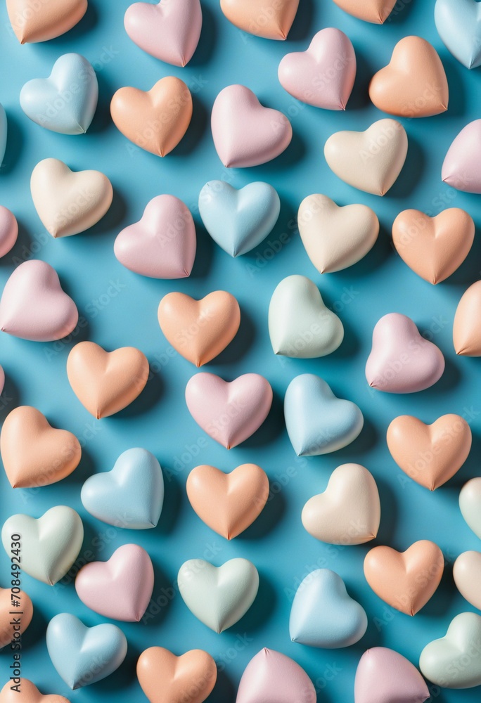 Pastel colored candy hearts on blue paper. Flat lay. Pastel colored candy hearts on blue paper. Flat lay.