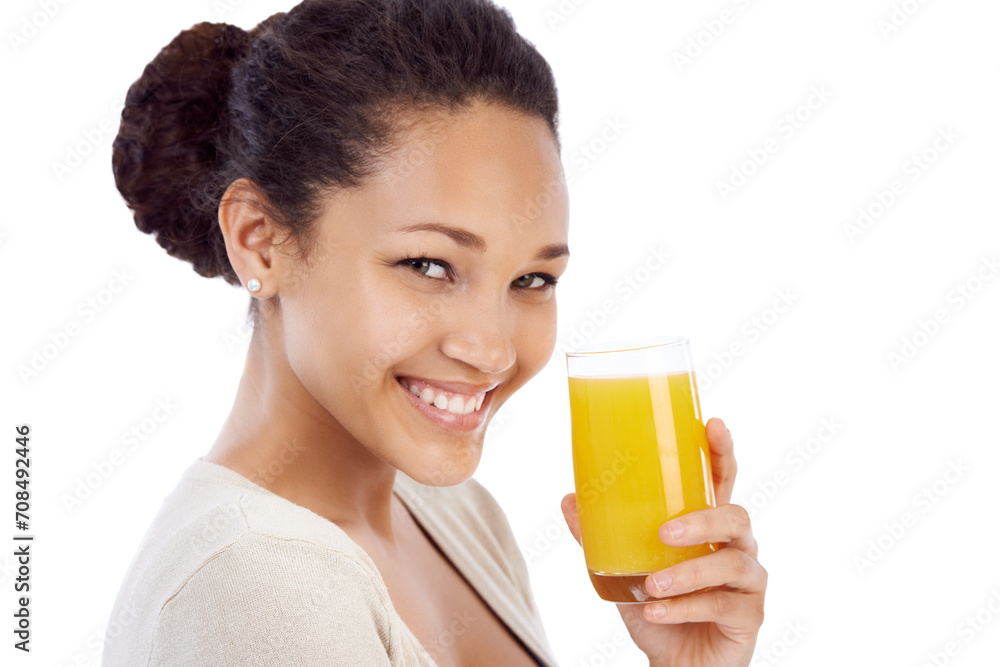 Smile, portrait or woman with orange juice in studio for wellness, nutrition or detox on white background. Face, happy or female nutritionist with glass of vitamin C, supplement or health fruit drink Smile, portrait or woman with orange juice in studio for wellness, nutrition or detox on white background. Face, happy or female nutritionist with glass of vitamin C, supplement or health fruit drink