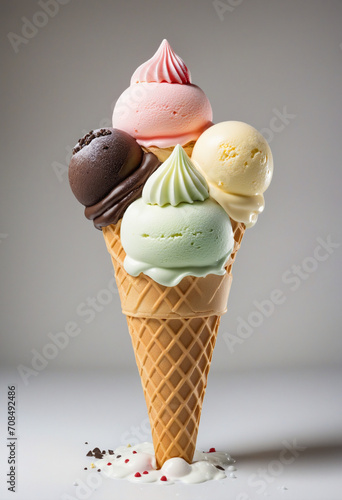 Real ice cream cone with 3 flavors - vanilla, chocolate, strawberry - in front view on white background