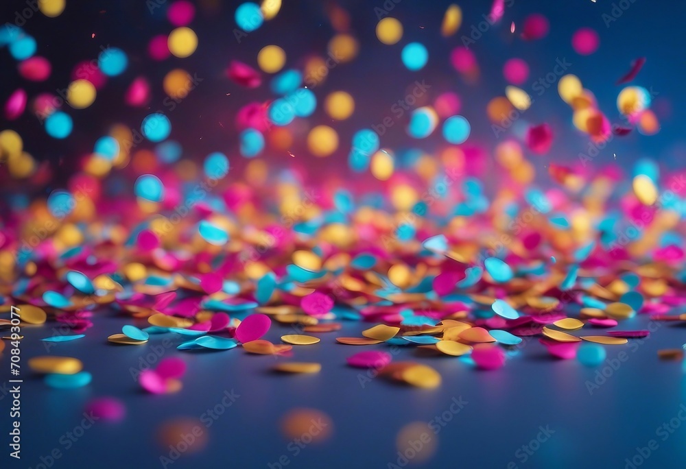A festive and colorful party with falling neon confetti on a blue background